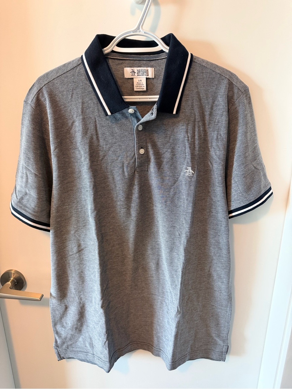 Original Penguin Grey Polo with Navy Contrast Collar and Trim